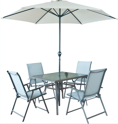 ست میز و صندلی ناهار خوری در فضای باز تمام استیل با چتر آفتاب